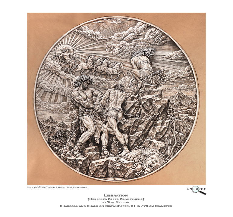 Liberation [Heracles Frees Prometheus] by Tom Mallon, Charcola and Chalk Pencil on Brown Paper
