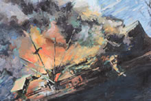 Copy of Tony Fachet's Skip Bombing Wewak, Copy by Tom Mallon, Acrylic on Canvas, Detail of Burning Freighter