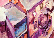 19th & Chestnut Rooftops" by Tom Mallon, Acrylic on Canvas - 36" x 40" - Detail of Lower Floors