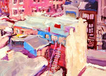 19th & Chestnut Rooftops" by Tom Mallon, Acrylic on Canvas - 36" x 40" - Center Buildings