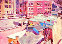 19th & Chestnut Rooftops" by Tom Mallon, Acrylic on Canvas - 36" x 40" - Corner Buildings